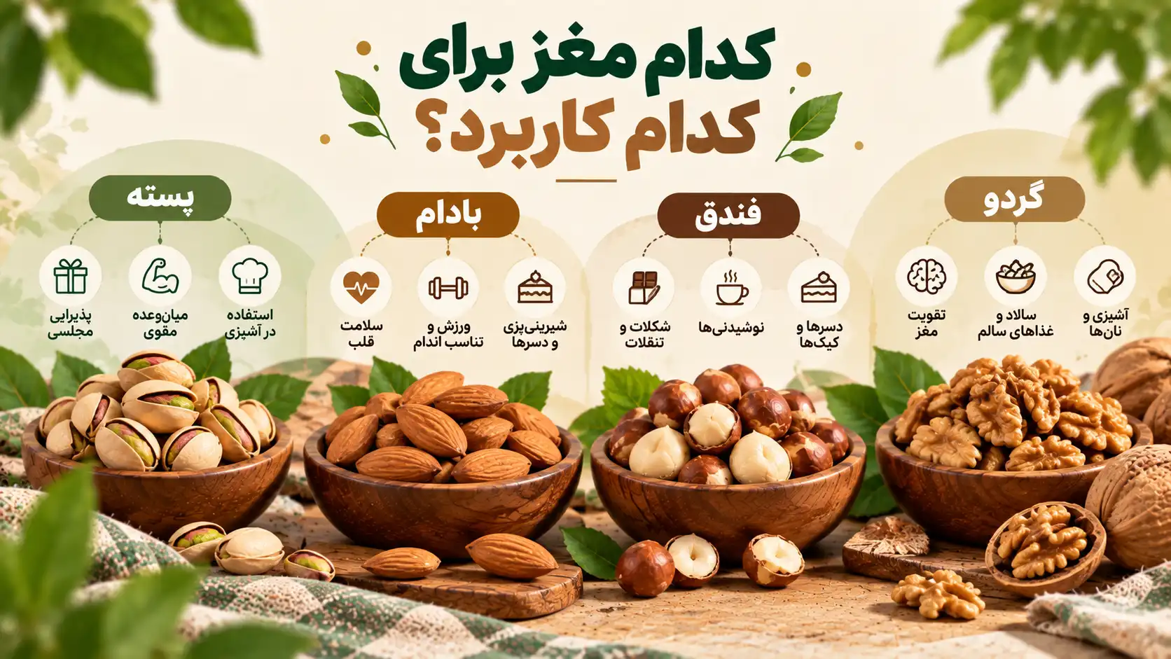 مقایسه گردو، بادام، پسته و فندق